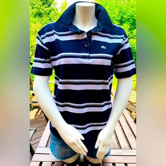 Lacoste marine style woman polo shirt navy blue cotton white striped Logo Eur 40 - Picture 2 of 16